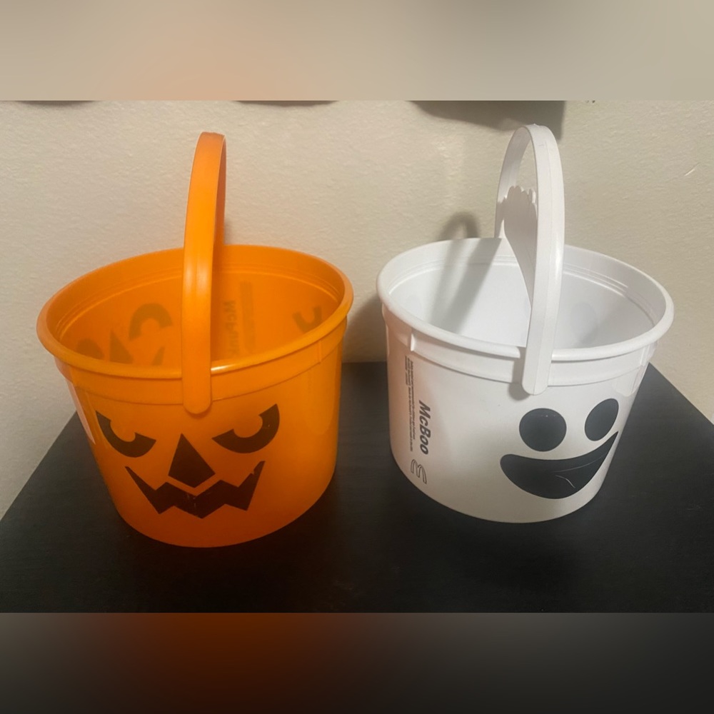 Used Mcds Halloween buckets - the orange pumpkin and white ghost